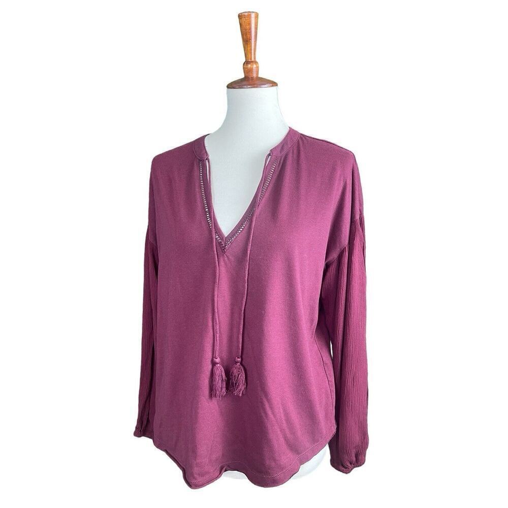 Wonderly Burgundy Red Blouse Sz Large Crepe Sleeves Boho Peasant Top Tassel Tie